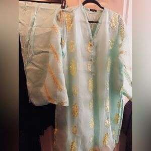 MT Mint Green Kurta pant set with egg yellow  Accents